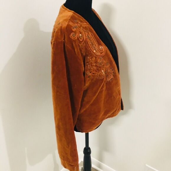 CHICO'S Boho Rust Velvet Cropped Beaded Embroidered Paisley Jacket 1 Small - Picture 3 of 8